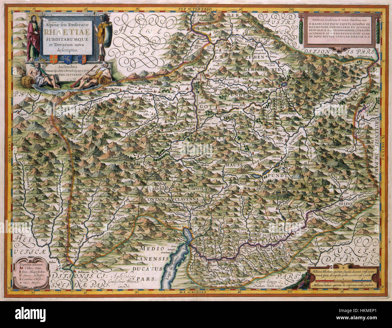 Questa mappa storica, creata da Atlas Van der Hagen, rappresenta le Alpi e i territori sotto la Confederazione Retica. Offre una dettagliata rappresentazione geografica del XVII secolo, con la topografia e la struttura politica della regione. Foto Stock