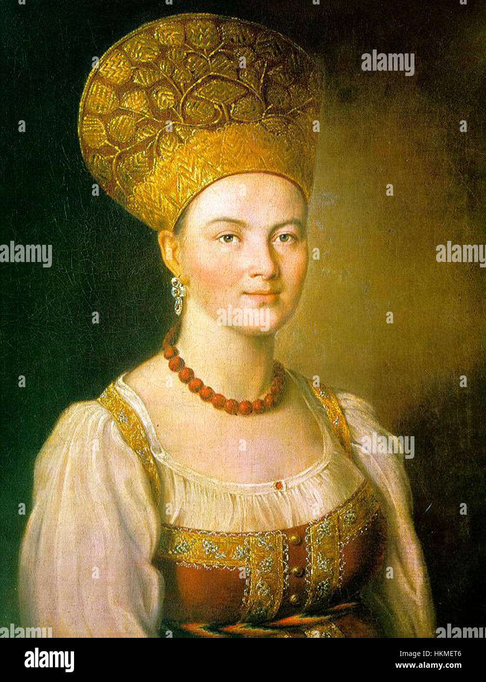 Un dipinto di Ivan Argunov, raffigurante una donna contadina vestita con il tradizionale costume russo. Il pezzo cattura la vita quotidiana e l'abbigliamento della Russia rurale alla fine del XVIII secolo. Foto Stock