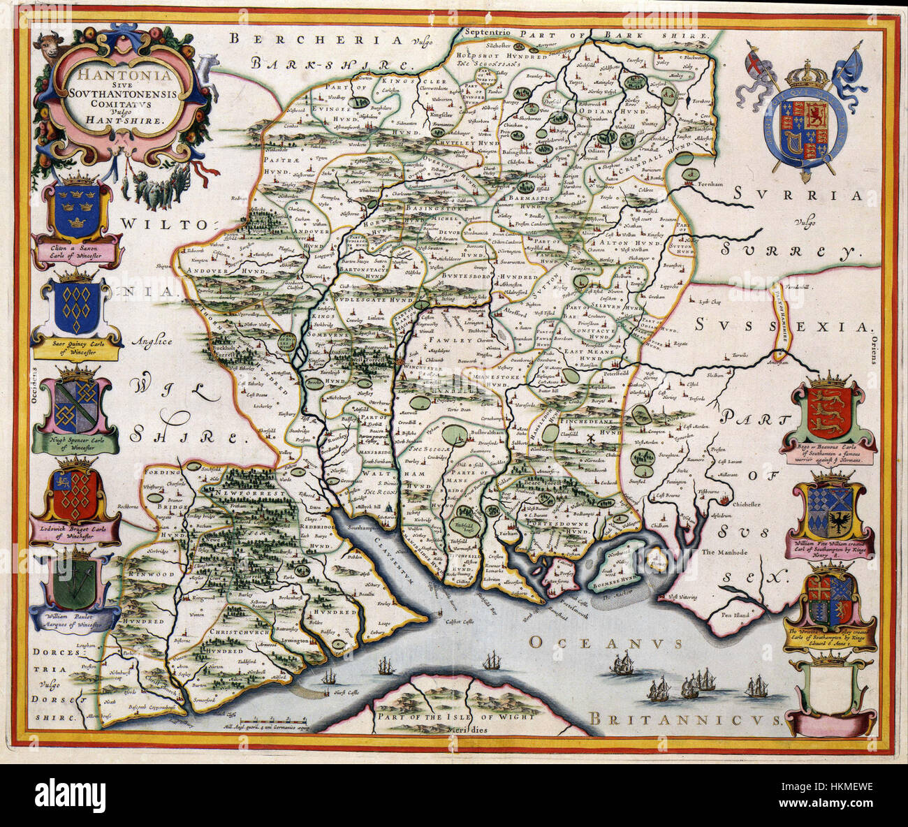 Una mappa storica dell'Atlas Van der Hagen, che mostra la regione di HANTONIA SIVE SOUTHANTONENSIS COMITATUS (Hampshire) nel sud dell'Inghilterra, una dettagliata rappresentazione cartografica del XVII secolo. Foto Stock
