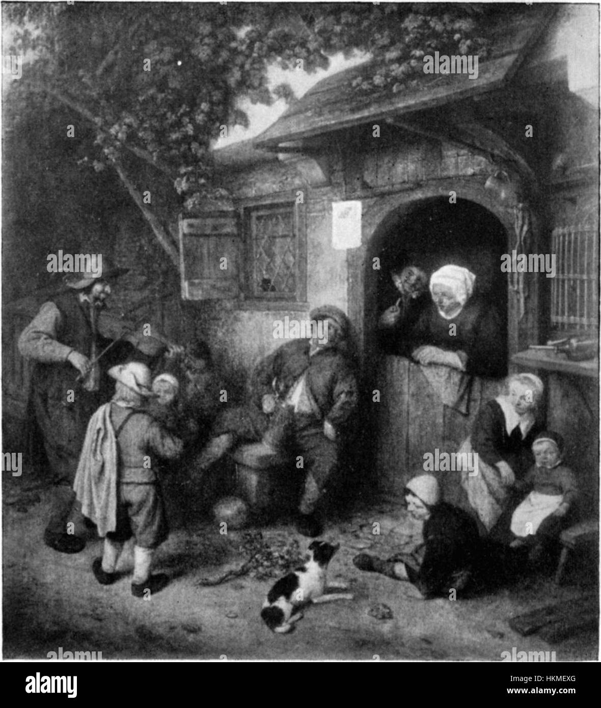 Uno schizzo in bianco e nero di Adriaen van Ostade, che mostra la sua maestria nel catturare la vita quotidiana nel XVII secolo. Il disegno riflette la sua attenzione per i dettagli e l'interesse per le scene rurali e i personaggi del suo tempo. Foto Stock