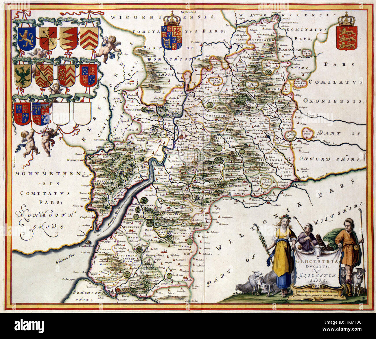 Un'antica mappa del Gloucestershire, Inghilterra, di Atlas Van der Hagen, intitolata "Gloucester Shire", che illustra il layout geografico della regione con caratteristiche topografiche dettagliate e punti di riferimento. Foto Stock