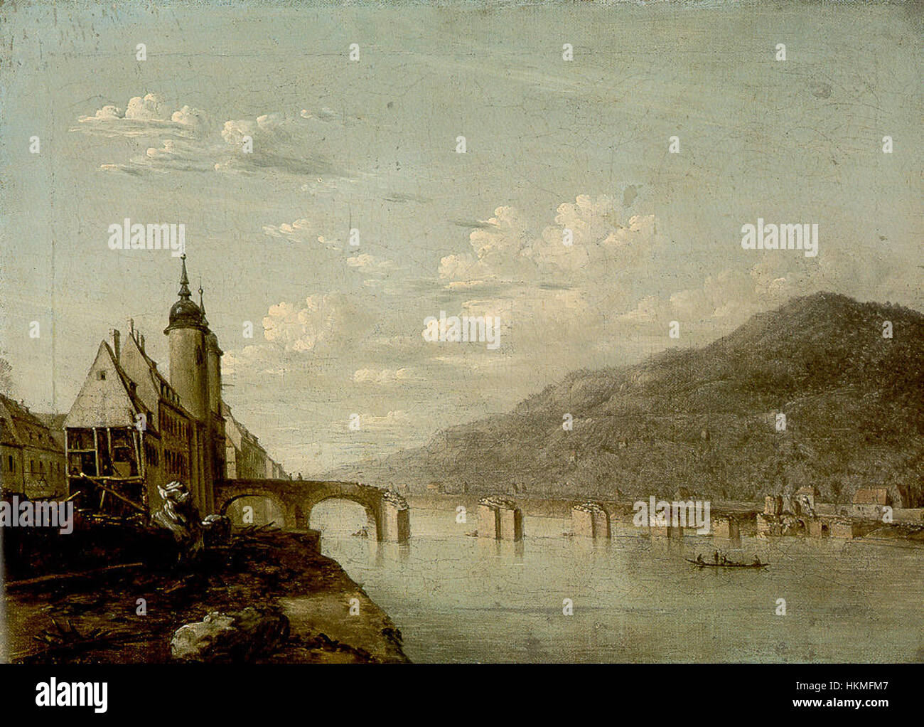 Il dipinto ad olio di Ferdinand Kobell del 1784 dell'alte Brücke a Heidelberg cattura la bellezza dell'architettura storica. L'opera è un capolavoro di arte paesaggistica, che riflette l'approccio dettagliato di Kobell al paesaggio. Foto Stock