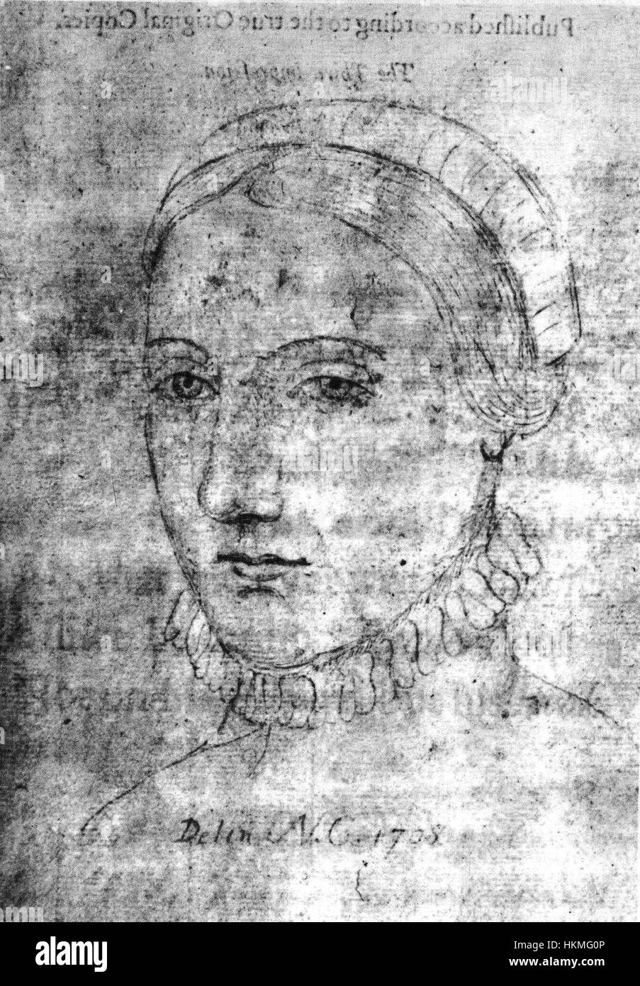 Questa opera d'arte ritrae Anne Hathaway, la moglie di William Shakespeare, catturando la sua somiglianza in un contesto storico, offrendo una visione dell'epoca elisabettiana e della storia shakespeariana. Foto Stock