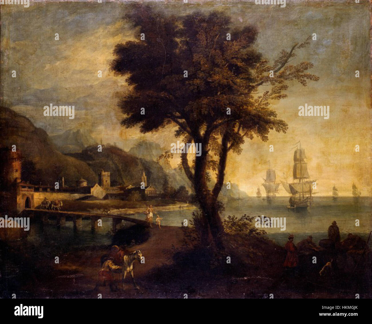 Artgate Fondazione Cariplo - (ambito di Ricci Marco - XVII), Paesaggio fluviale con figura Foto Stock