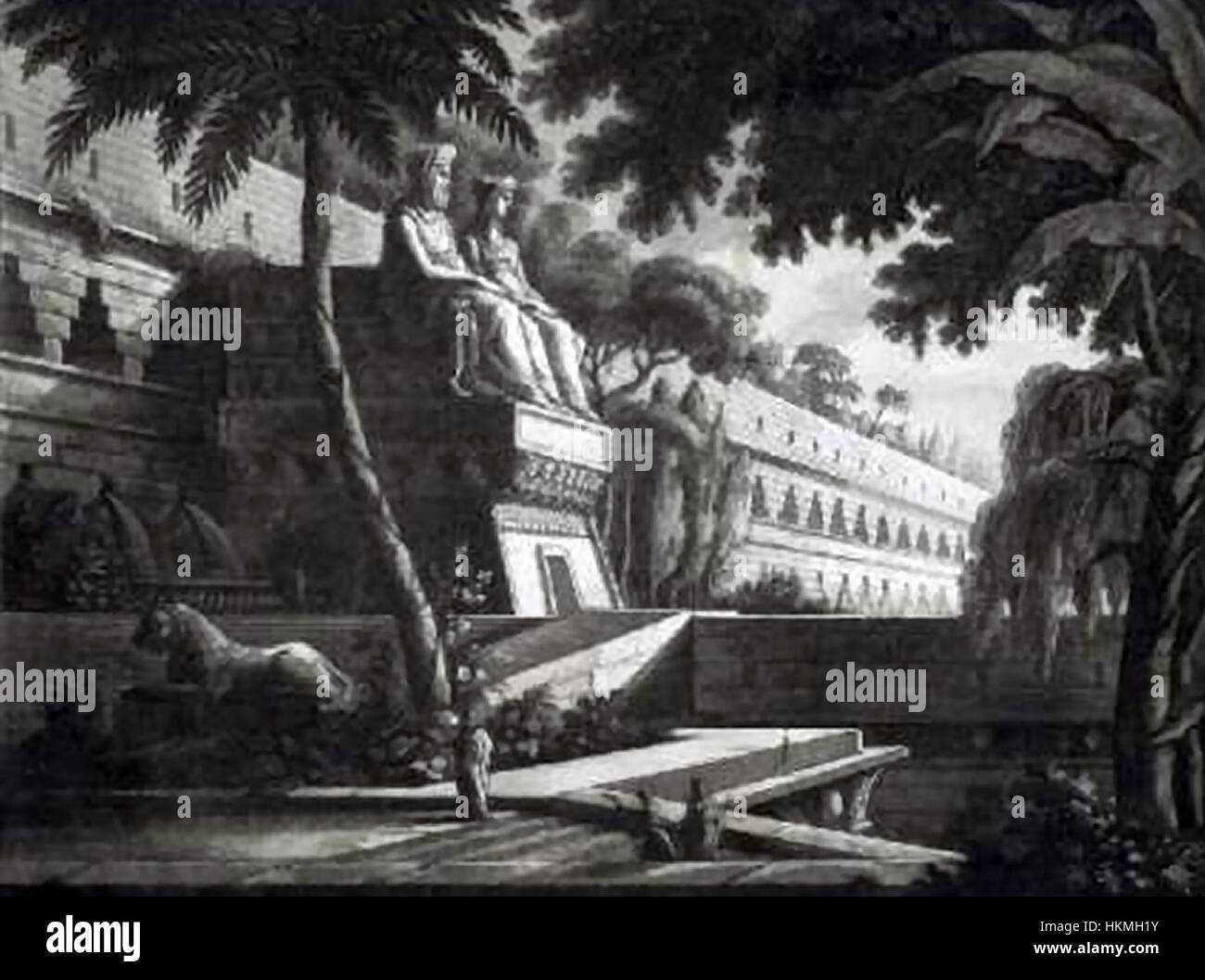Questo palcoscenico di Antonio Basoli è stato progettato per l'opera di Meyerbeer "Semiramide". L'intricato design del set riflette la grandiosità delle produzioni operistiche del XIX secolo, mostrando elementi architettonici dettagliati e design teatrale. Foto Stock