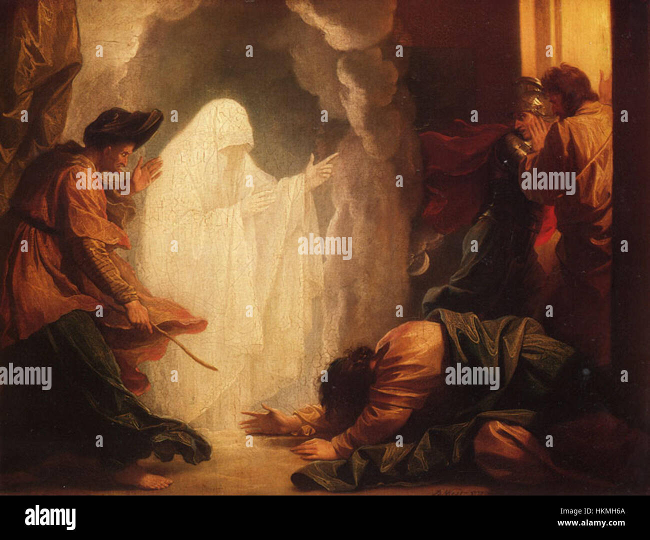 Il dipinto del 1777 di Benjamin West 'Saul e la Strega di Endor' raffigura la storia biblica del re Saul che cerca il consiglio della strega per evocare lo spirito del profeta Samuele, nello stile neoclassico distintivo di West. Foto Stock