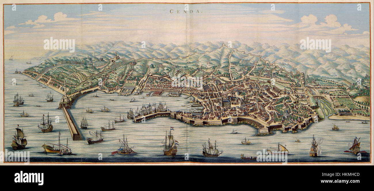 Questa mappa, 'Stadsprofiel van Genoa', dell'Atlas Van der Hagen, presenta un profilo dettagliato della città di Genova. L'illustrazione cattura le caratteristiche architettoniche e geografiche della città, offrendo un'istantanea del paesaggio storico di Genova. Foto Stock