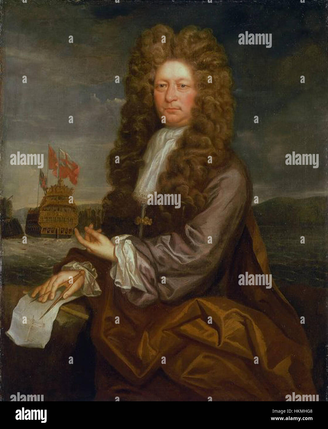 Il dipinto di Jonathan Richardson cattura Fisher Harding, un rinomato marinaio, che supervisiona il lancio del *Royal Sovereign* nel 1701. Questo pezzo storico ritrae un momento importante nella storia navale britannica, sottolineando l'abilità artigianale di una delle navi da guerra più significative dell'epoca. Foto Stock