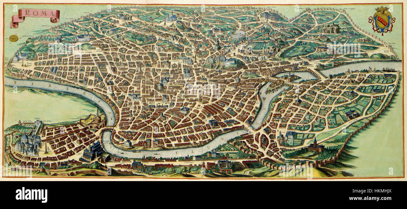 Questa mappa dettagliata di Van der Hagen illustra un profilo della città di Roma. La mappa, risalente al XVII secolo, presenta la struttura architettonica e i punti di riferimento principali della città antica, offrendo approfondimenti sullo sviluppo urbano e la pianificazione della Roma storica. Foto Stock