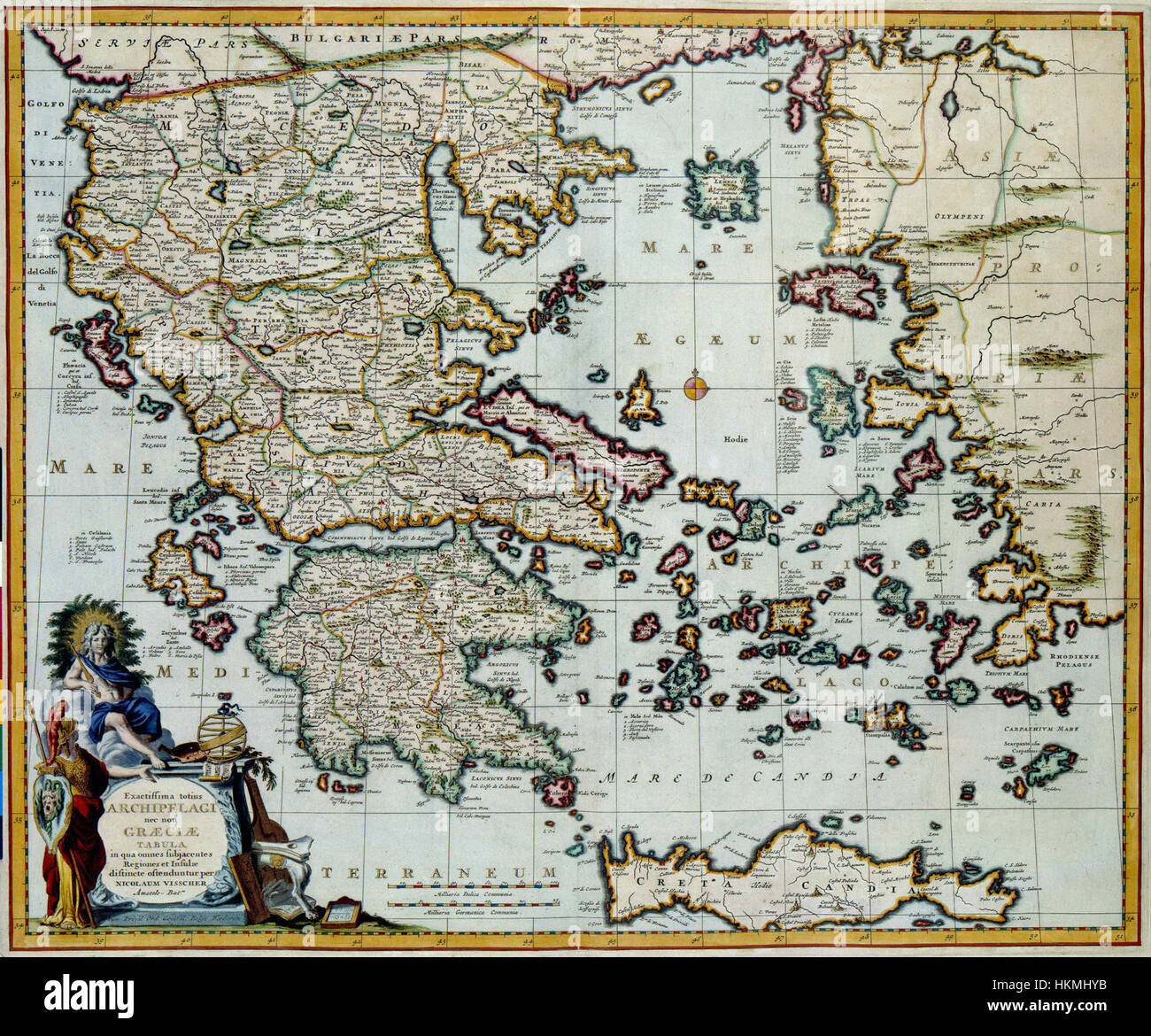 Una mappa dettagliata dell’atlante di Van der Hagen, che mostra con precisione geografica le regioni e le isole dell’arcipelago greco. Foto Stock