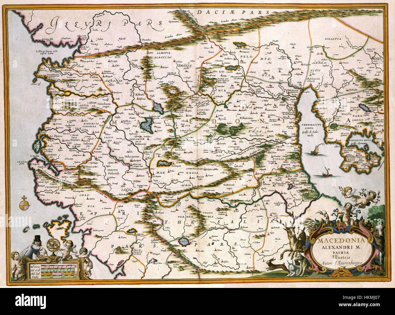 Questa mappa storica dell'Atlante Van der Hagen raffigura l'antico Impero macedone, evidenziando i luoghi chiave associati all'impero di Alessandro Magno. Foto Stock