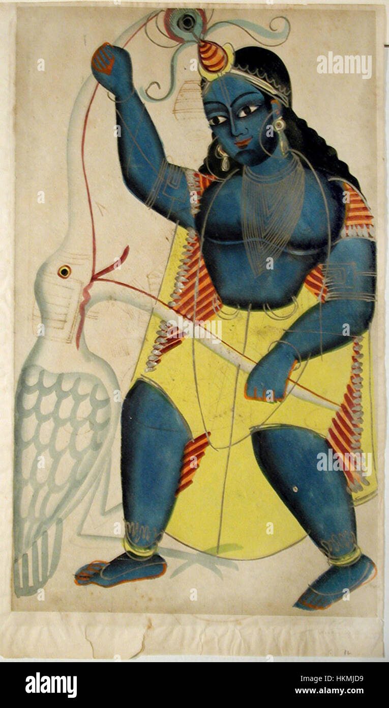 Questa opera d'arte ritrae una scena della mitologia indù: La signora bengalese che guarda Krishna mentre sconfigge il demone Bakasura. Il dettagliato dipinto ad olio cattura il momento dinamico della vittoria, ricco di simbolismo culturale e religioso, che riflette sia le tecniche artistiche tradizionali che le narrazioni mitologiche. Foto Stock