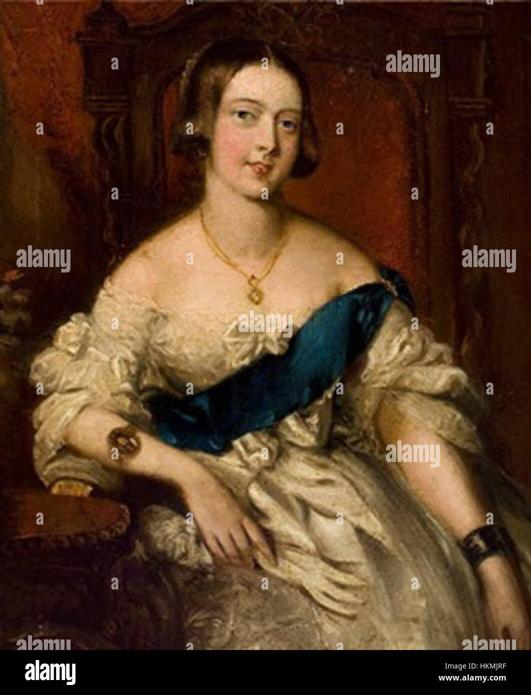 Il ritratto di Herbert Luther Smith della regina Vittoria, intorno al 1840, cattura il monarca nei suoi primi anni di regno, mostrando la sua presenza regale e la sua eleganza giovanile. Il dipinto mette in risalto la moda vittoriana e la dignità reale del periodo. Foto Stock