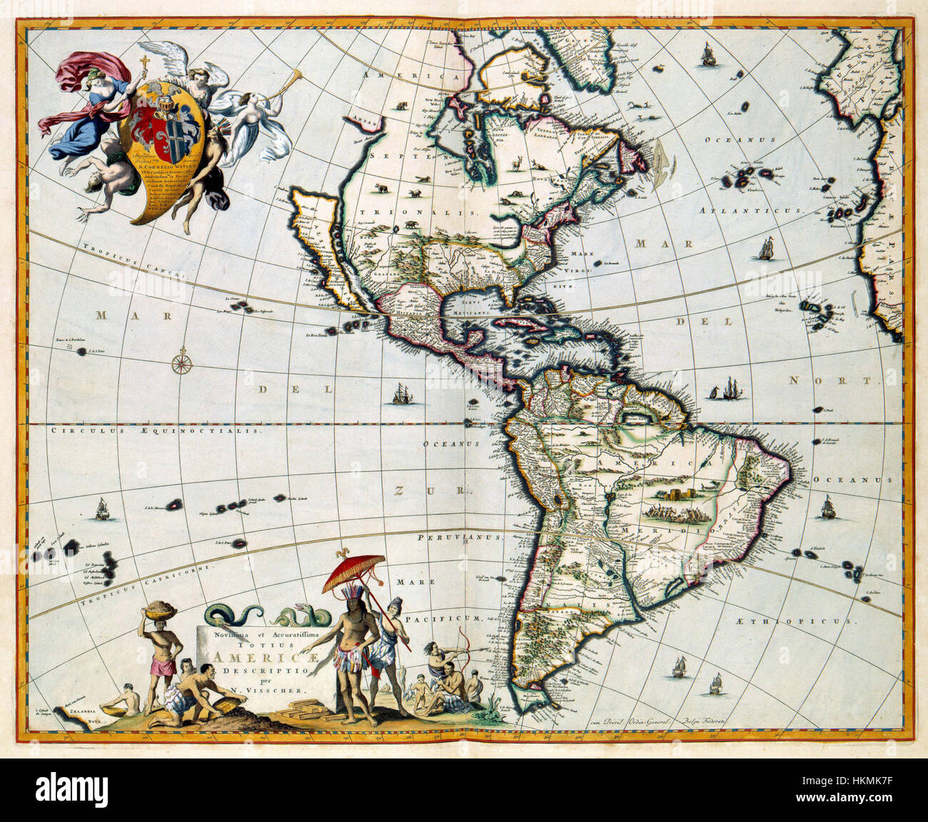 L'Atlas Van der Hagen presenta una mappa accurata delle Americhe, parte di una raccolta di descrizioni geografiche dettagliate del XVII secolo. Questa mappa rappresenta una comprensione storica dei continenti americani durante il periodo di esplorazione. Foto Stock