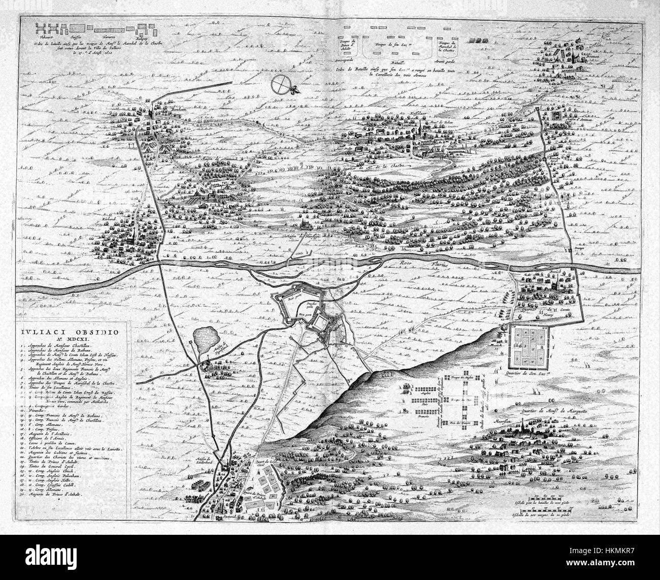 Questa mappa storica, intitolata "Atlas Beudeker-C9E10 122 25K-IVLIACI OBSIDIO Ao MDCXI", risale al 1611 e fornisce una descrizione dettagliata degli antichi paesaggi geografici e militari. L'atlante riflette le prime tecniche di mappatura moderne e le strategie militari. Foto Stock
