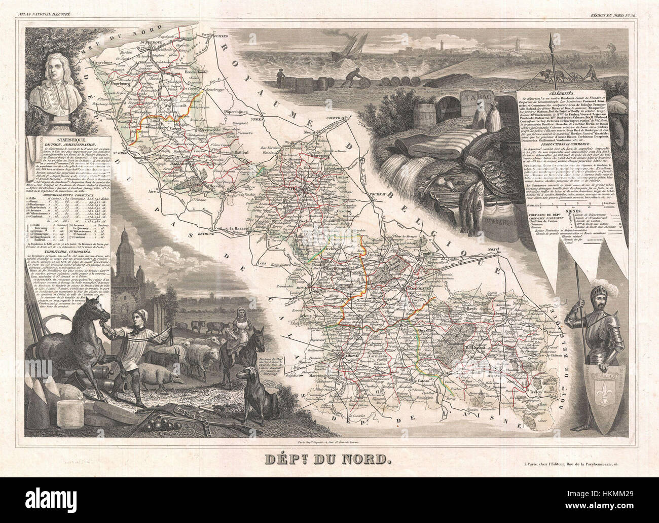 La mappa di Levasseur del 1852 del Department du Nord, Francia, è una rappresentazione dettagliata della geografia della regione. Creata da Levasseur, questa mappa d'epoca mostra città, strade e luoghi di interesse principali, offrendo informazioni sulla cartografia francese del XIX secolo e sui confini regionali. Foto Stock