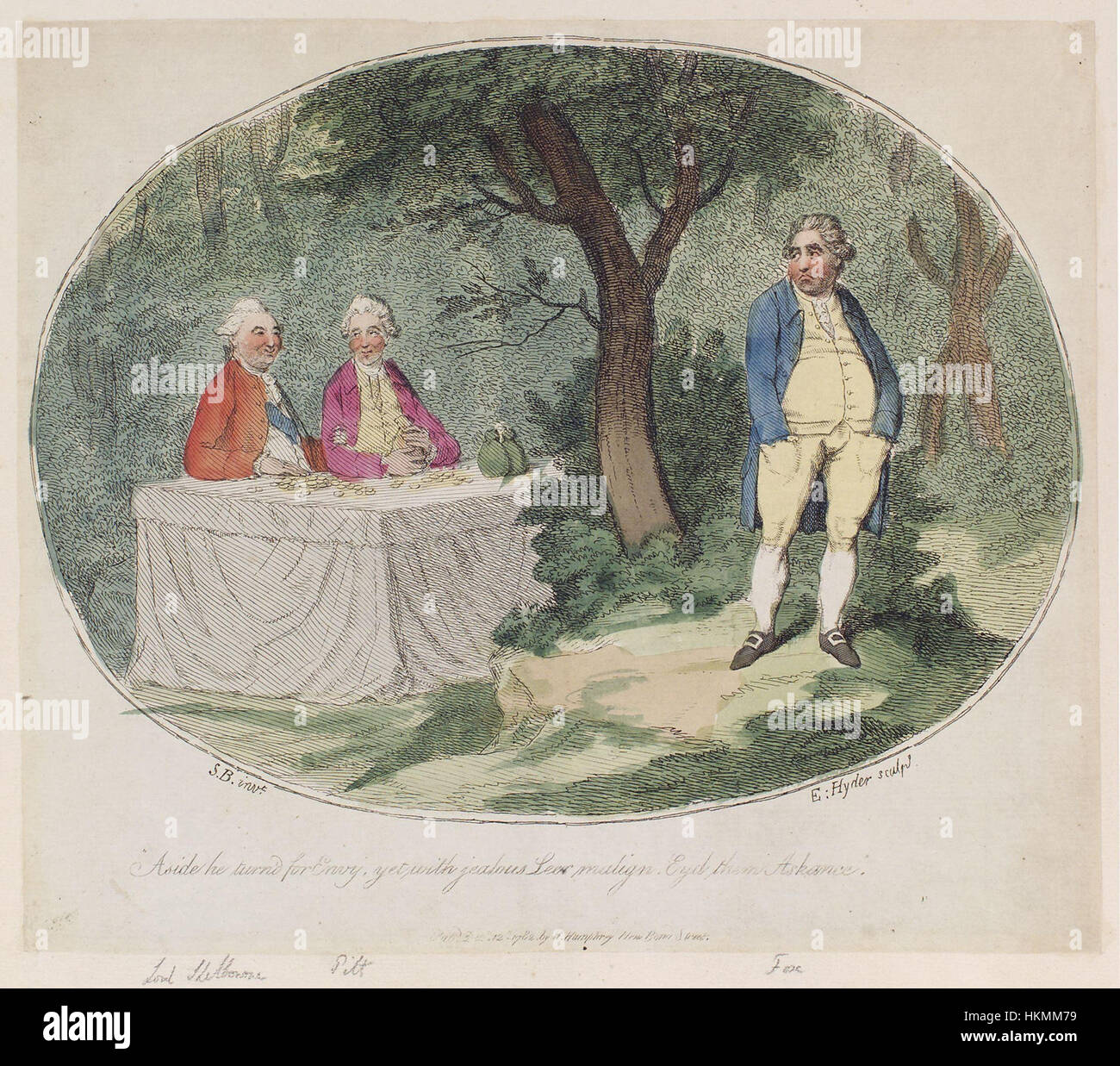 Il pezzo satirico di James Gillray 'Apart he turn'd for Envy, eppure con geloso leer malign, eyd them askance' critica figure politiche e dinamiche sociali con arguzia e caricatura acuta. La grafica utilizza caratteristiche esagerate per evidenziare difetti e tensioni nei suoi soggetti. Foto Stock