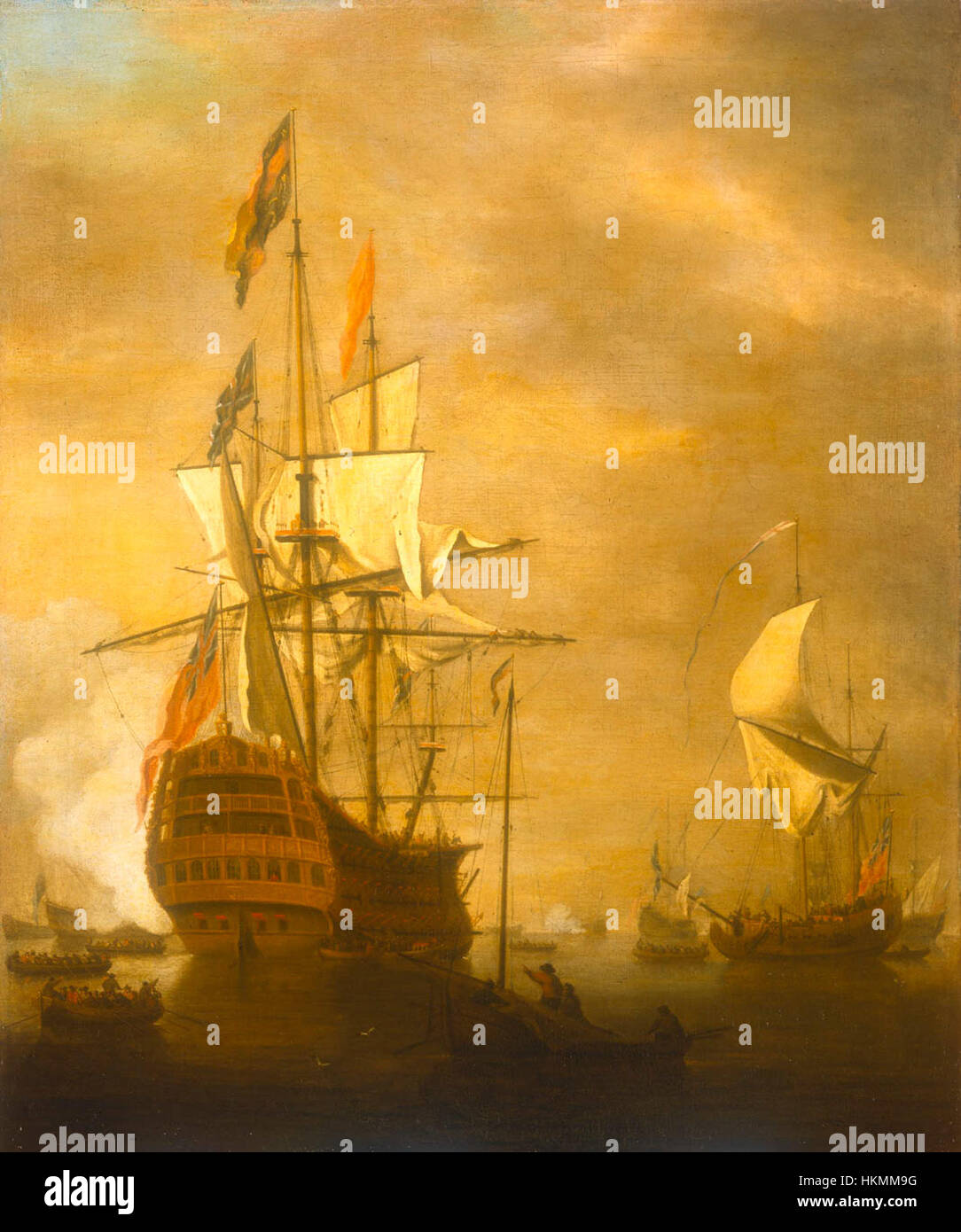 Questo dipinto raffigura la HMS Royal William, una nave di prima classe della Royal Navy britannica, che mostra la grandezza e il potere delle navi navali durante il XVIII secolo. Foto Stock