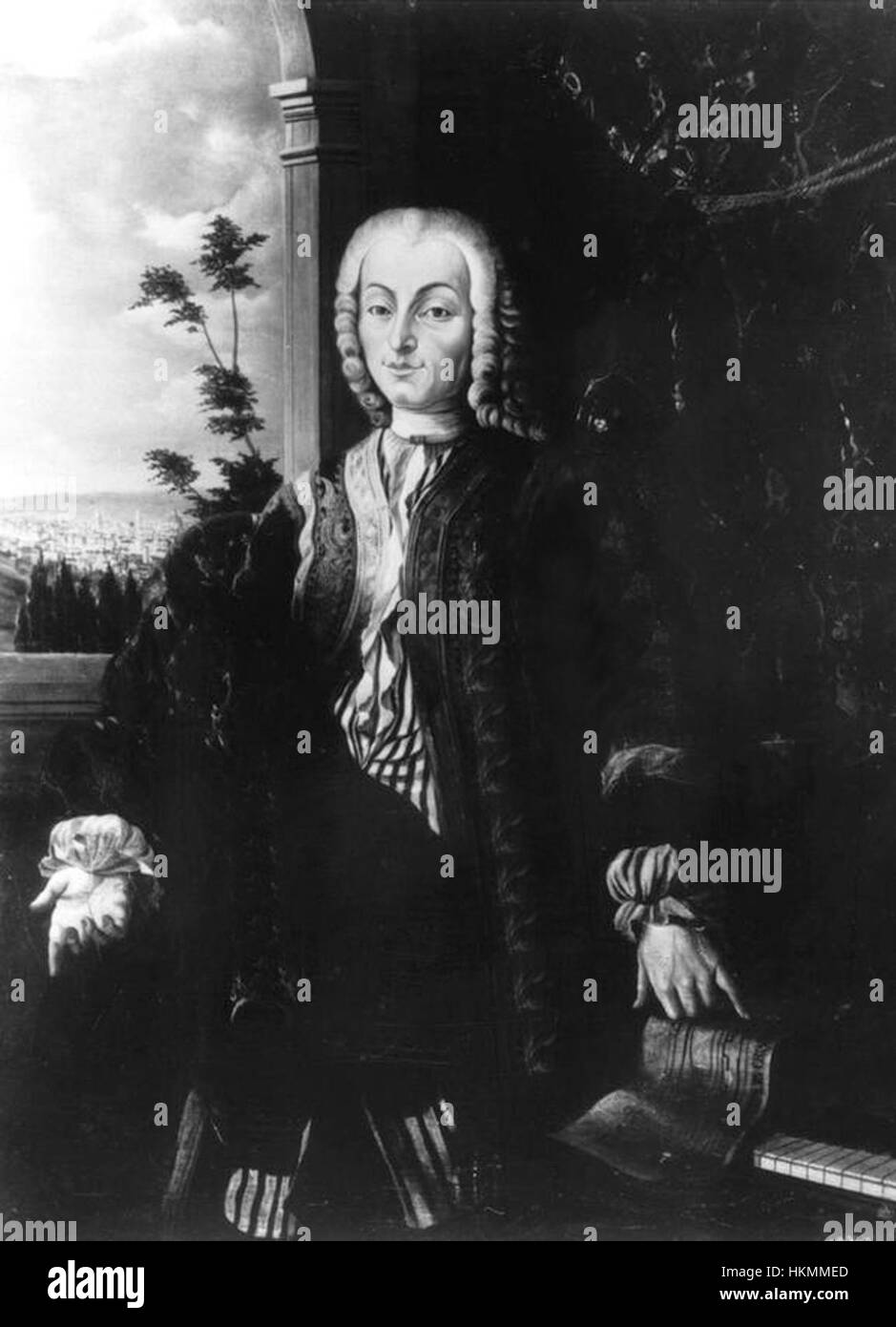 Un ritratto di Bartolomeo Cristofori, l'inventore del pianoforte. Questa opera d'arte storica cattura le sembianze di Cristofori, evidenziando il suo significato nello sviluppo della musica e la sua eredità nell'invenzione del pianoforte. Foto Stock