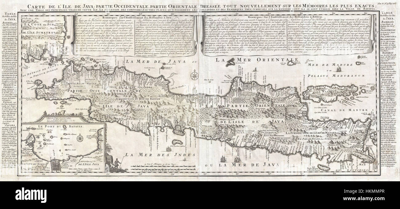 Questa mappa del 1718 di Giava di Chatelain offre una vista dettagliata e precoce dell'isola di Giava, situata nell'attuale Indonesia. La mappa mette in evidenza le caratteristiche geografiche dell'isola e fornisce informazioni sulle prime esplorazioni europee nel sud-est asiatico. Si tratta di un importante documento storico per comprendere la storia esplorativa della regione. Foto Stock