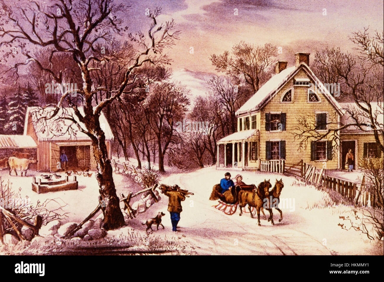 American Homestead inverno - Currier e Ives Foto Stock