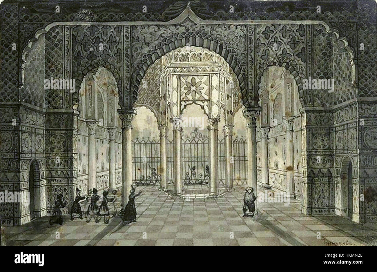 Questa opera d'arte di Chernetsov illustra gli opulenti interni di un palazzo turco, mostrando le sontuose decorazioni e la grandiosità tipica dell'architettura imperiale ottomana. Foto Stock