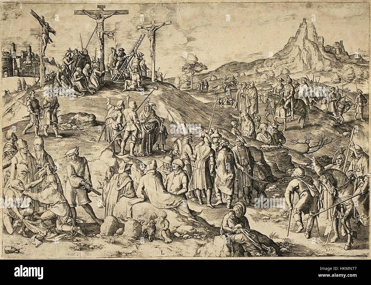 Leyden Golgotha è un'opera d'arte religiosa che raffigura una scena significativa della Bibbia, raffigurante la crocifissione di Cristo. È una rappresentazione profonda di temi religiosi ed espressioni artistiche. Foto Stock