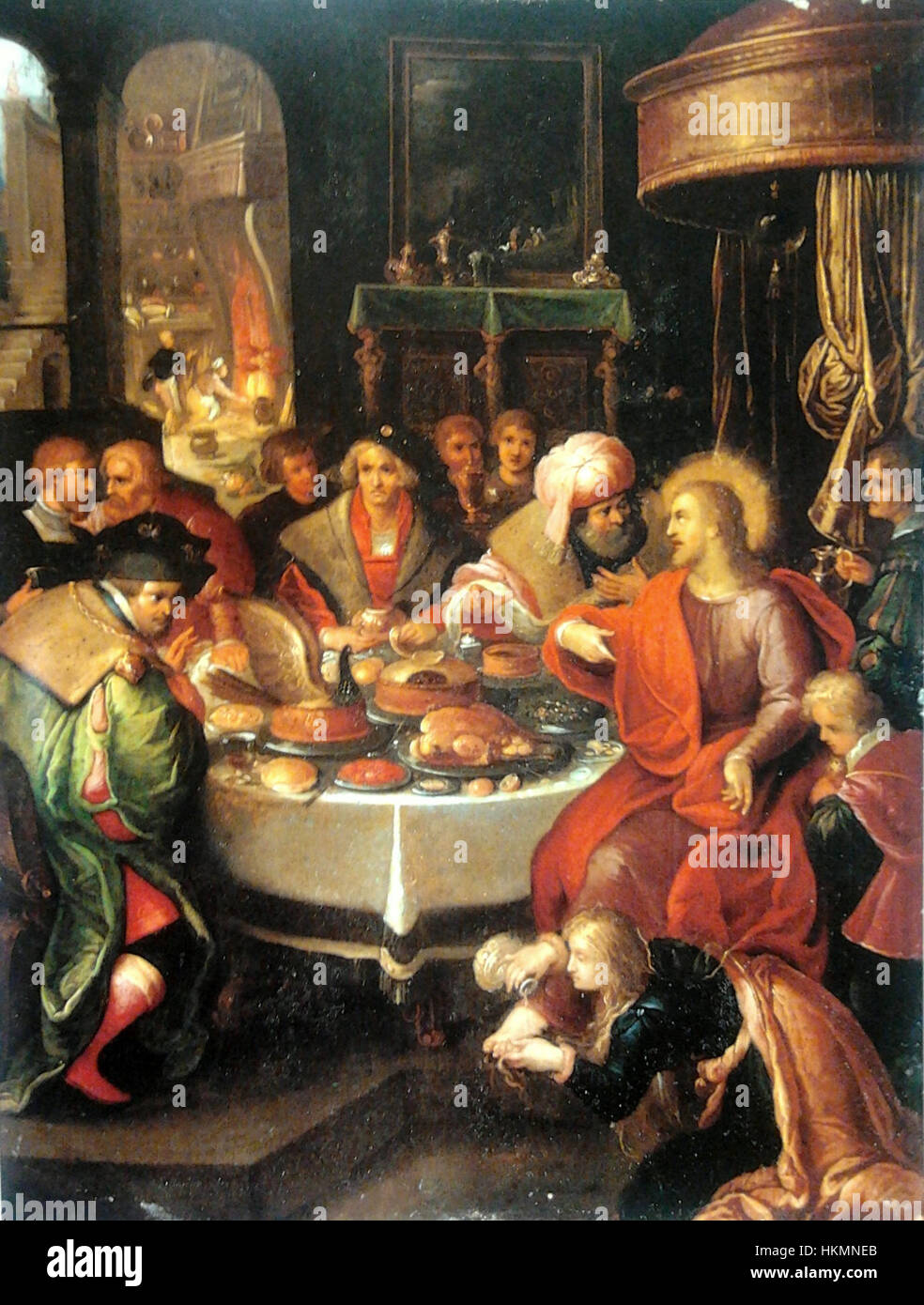 Il dipinto "Festa nella casa di Simone" di Francken raffigura una scena biblica del nuovo Testamento. Mostra il momento in cui Gesù cena a casa di Simone, catturando le figure e l'atmosfera con dettagli intricati e precisione storica. Foto Stock