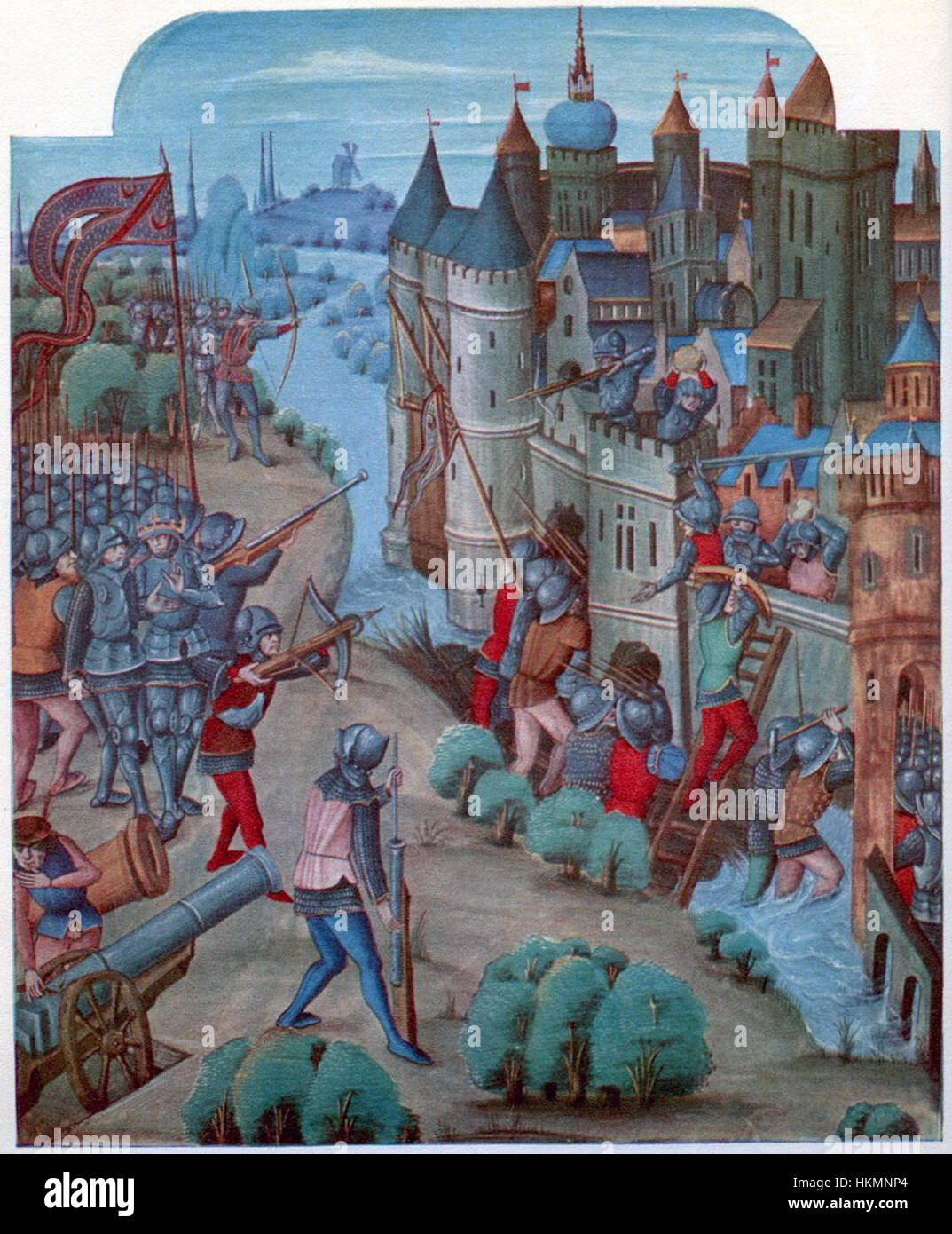Un'opera d'arte che illustra un assedio storico del castello, che mostra l'intensa battaglia e le manovre strategiche che hanno segnato la difesa e l'attacco di strutture fortificate durante la guerra medievale. Foto Stock