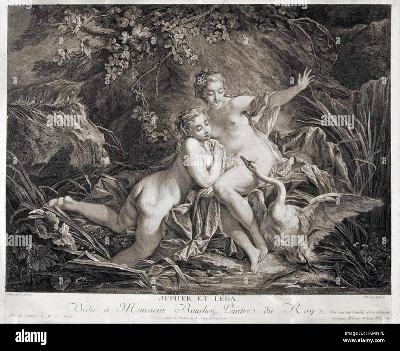 "Giove e Leda" di Ryland è un dipinto mitologico classico che raffigura la storia della trasformazione di Giove. L'opera d'arte è una rappresentazione dell'antica mitologia, che mostra intricati dettagli di temi e figure mitologiche. Foto Stock