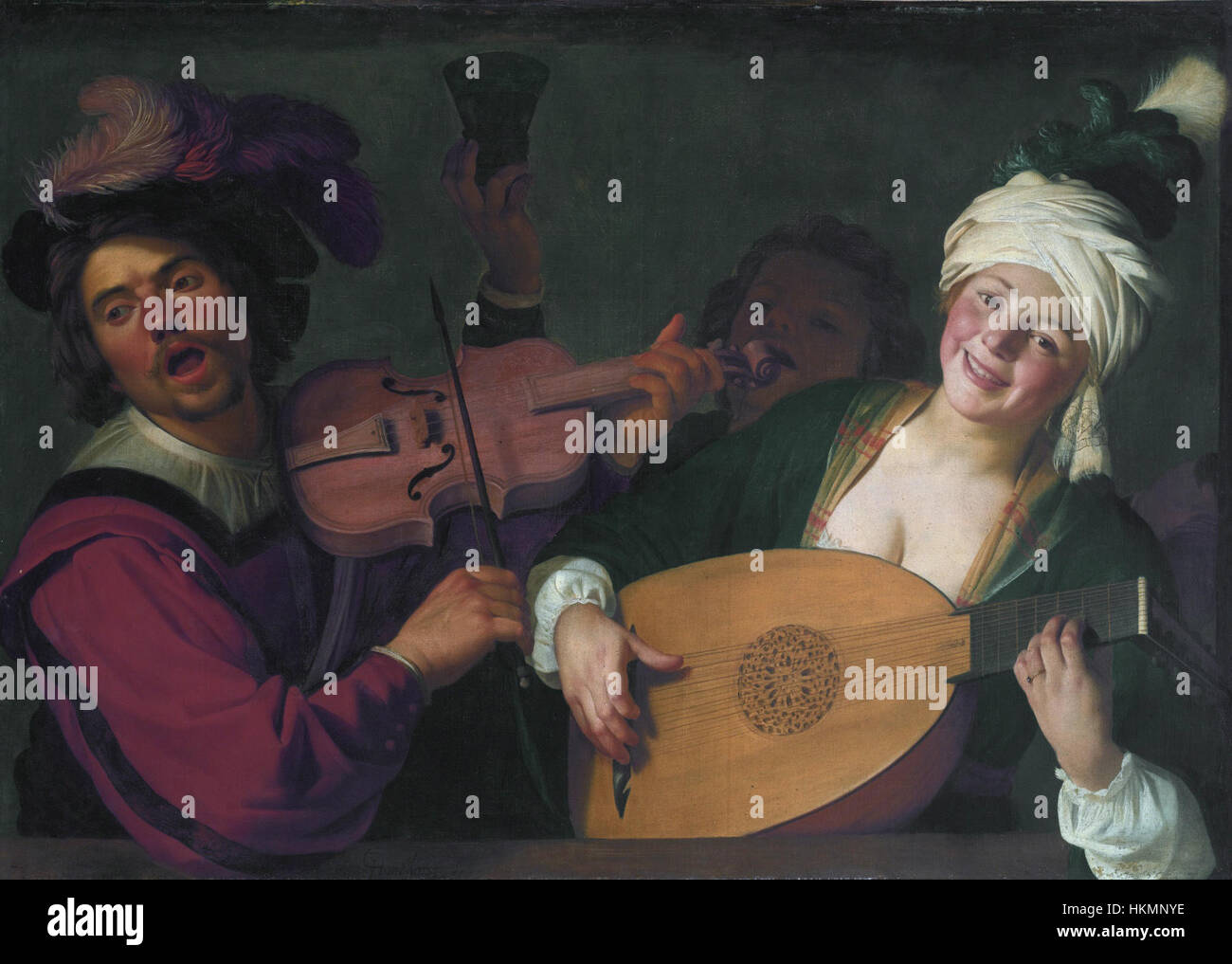 Un buon gruppo dietro una balaustra con un violino e un lettore di liuto, da Gerrit van Honthorst Foto Stock