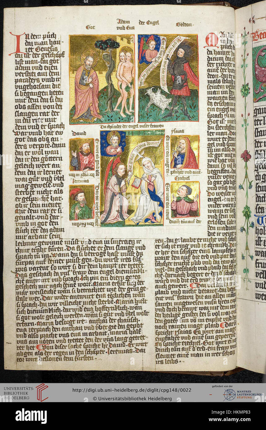 Un'illustrazione scolpita in legno della Biblia Pauperum, raffigurante una scena biblica destinata a scopi educativi durante il periodo medievale. Foto Stock