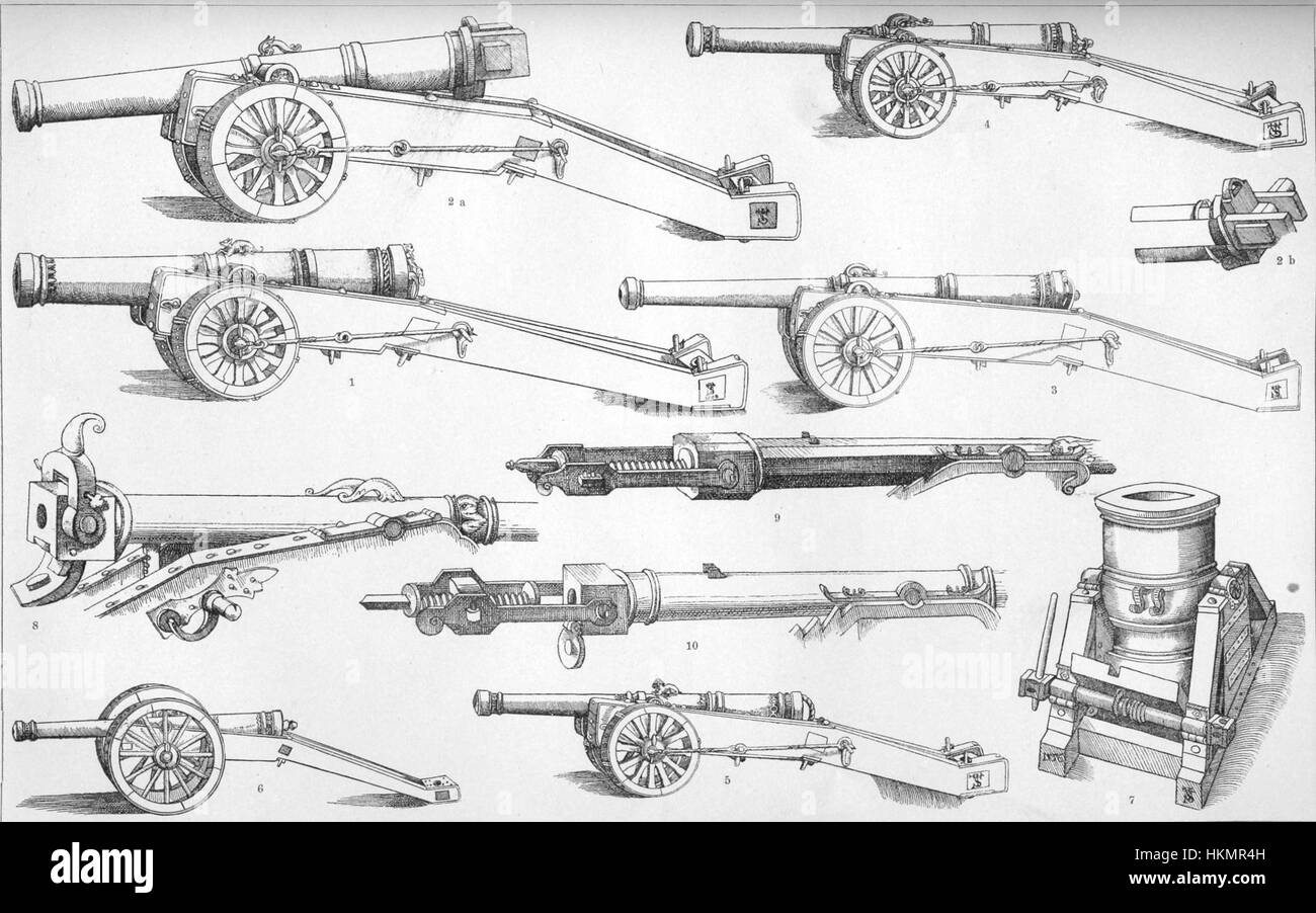 Questa opera d'arte del XVI secolo raffigura l'artiglieria del periodo rinascimentale, che mostra la tecnologia militare dell'epoca. La resa dettagliata dei pezzi di artiglieria riflette i progressi nella guerra e nella strategia militare durante gli anni '1500 Foto Stock