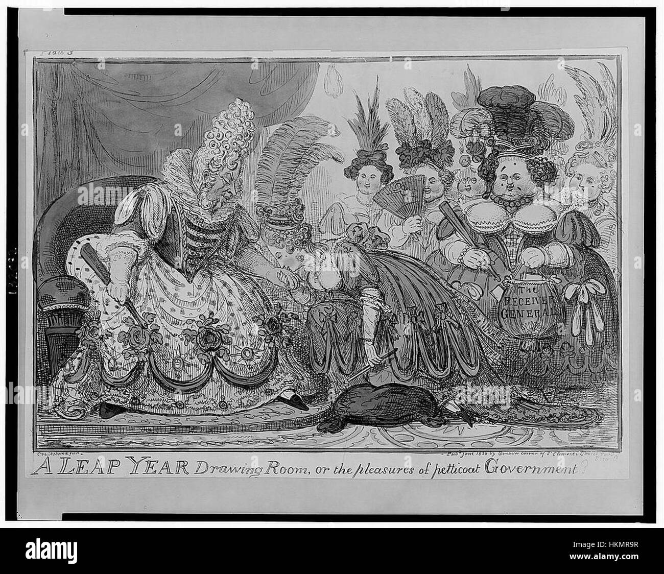 Questa illustrazione satirica politica del XIX secolo ritrae un anno bisestile immaginario in cui le donne detengono il potere politico. L'immagine stravagante evidenzia il contrasto comico tra ruoli di genere e governance durante il periodo di tempo. Foto Stock