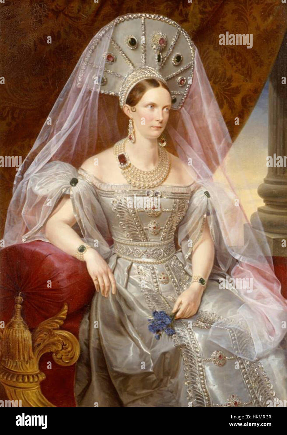 Questa opera raffigura Alexandra Fedorovna, la moglie dello zar Nicola i di Russia, che indossa un tradizionale abito russo bianco degli anni '1830 Il ritratto, dipinto da Kruger e ospitato al Museo di Stato Russo (GIM), riflette lo stile imperiale dell'aristocrazia russa durante l'inizio del XIX secolo. Foto Stock