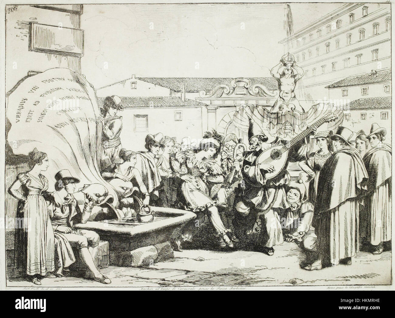 Questa opera di Bartolomeo Pinelli illustra le vivaci maschere di Carnevale di Piazza Barberini. Rappresenta le vivaci festività e le ricche tradizioni del Carnevale italiano, con particolare attenzione ai costumi e alle maschere storiche. Foto Stock