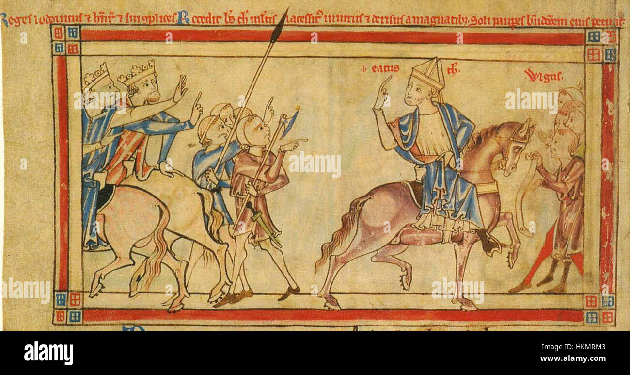 Questa pagina miniata del manoscritto del 1220-1240 circa raffigura scene della vita di Thomas Becket, arcivescovo di Canterbury. Il manoscritto illustra temi religiosi e politici medievali. Foto Stock