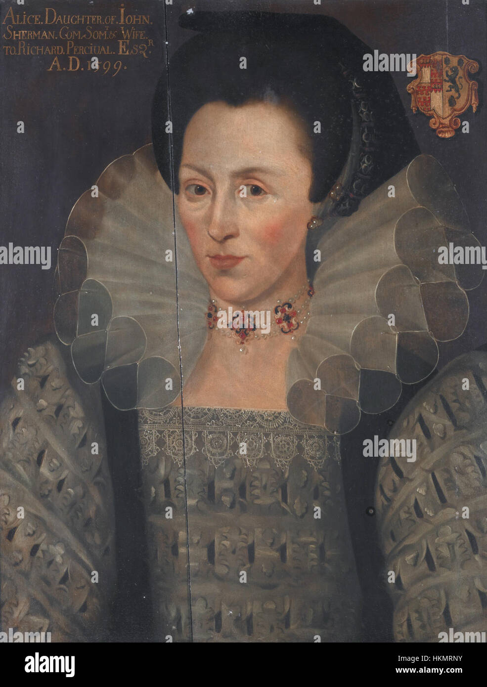 Questo ritratto raffigura Alice Sherman, la figlia di John Sherman di Ottery, St Mary, Devon. Il dipinto è realizzato nello stile di Marcus Gheeraerts il giovane, catturando la moda e lo stile della fine del XVI secolo. Foto Stock