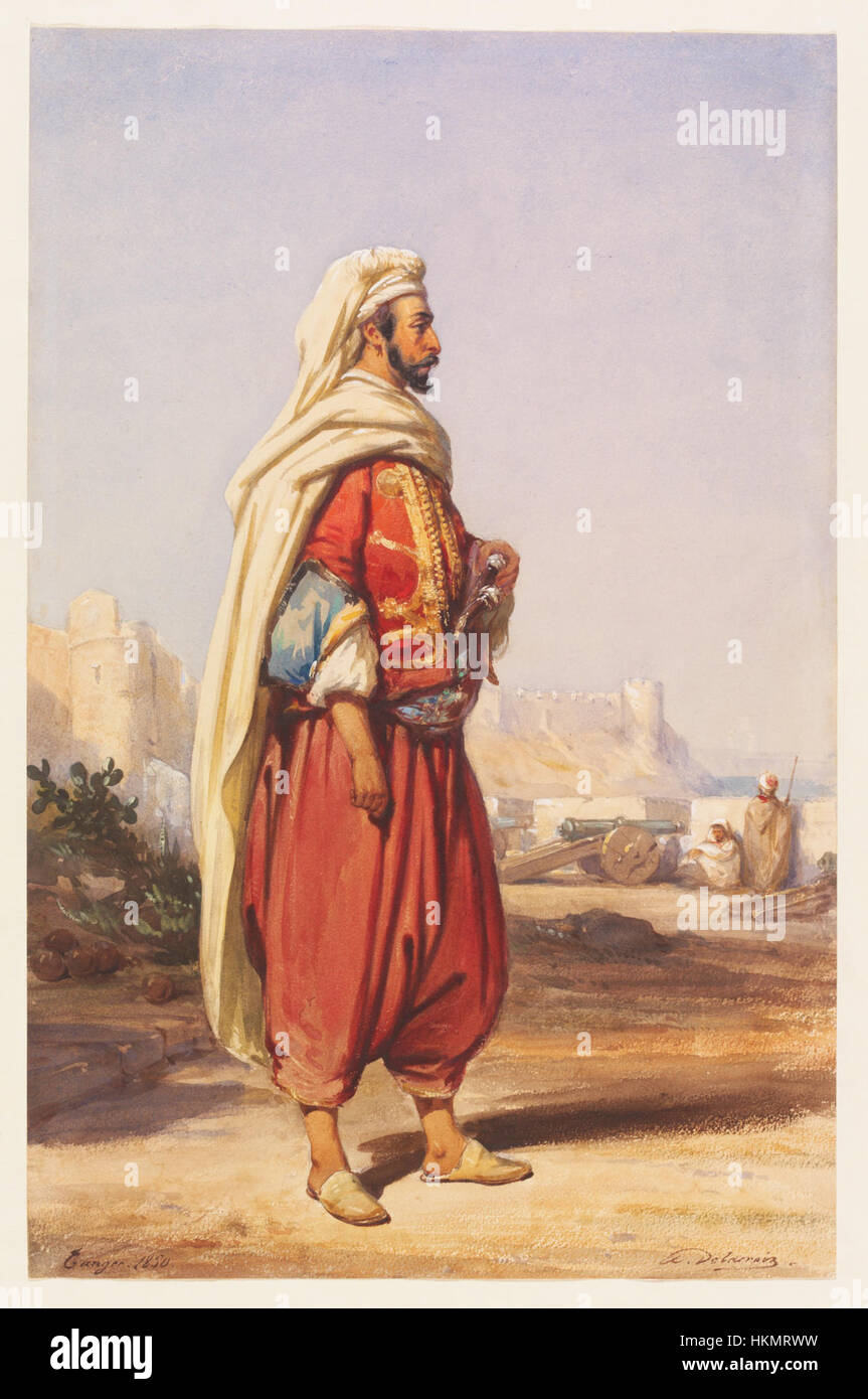 Questo dipinto raffigura un Amir marocchino, che mostra l'intricato abbigliamento e la presenza regale di una figura della storia del Nord Africa. Le opere d'arte sottolineano la ricchezza culturale del Marocco, con particolare attenzione ai raffinati dettagli dell'abbigliamento tradizionale e della statura reale. Foto Stock