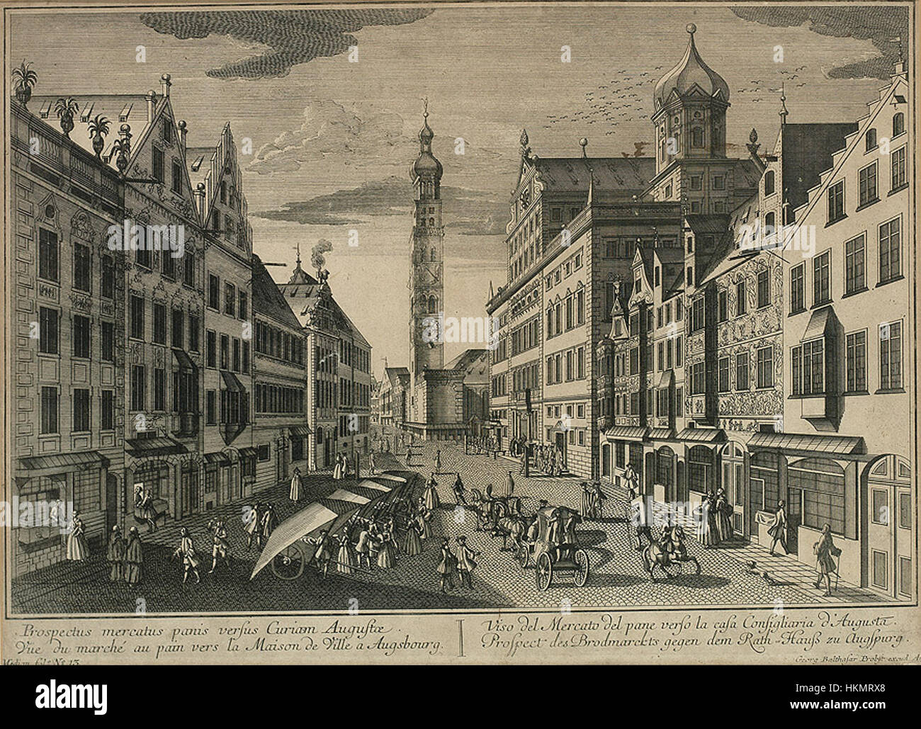 Il *Brotmarkt* di Augusta è una storica piazza del mercato, raffigurata in questa opera d'arte del passato. La scena cattura la vivace natura della zona, dove i mercanti si riunirono per commerciare beni, in particolare pane, nel cuore della città. Funge da istantanea della storia economica e sociale della città, evidenziando l'importanza dei mercati di Augusta durante i secoli precedenti. Foto Stock