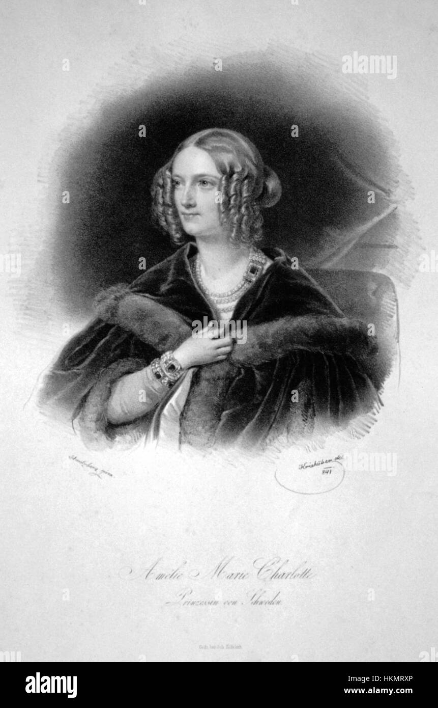 Questa litografia di Amalie Marie Charlotte von Schweden ritrae la reale svedese in modo grazioso e dignitoso, catturando la sua nobile statura e l'eleganza reale. Foto Stock