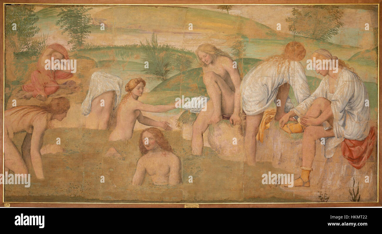 Bernardino Luini's *donne al bagno* è un esempio di arte rinascimentale italiana, raffigurante donne in una tranquilla scena domestica. Lo stile di Luini riflette delicati dettagli e l'uso di luce e ombra, caratteristiche della Scuola lombarda. Foto Stock