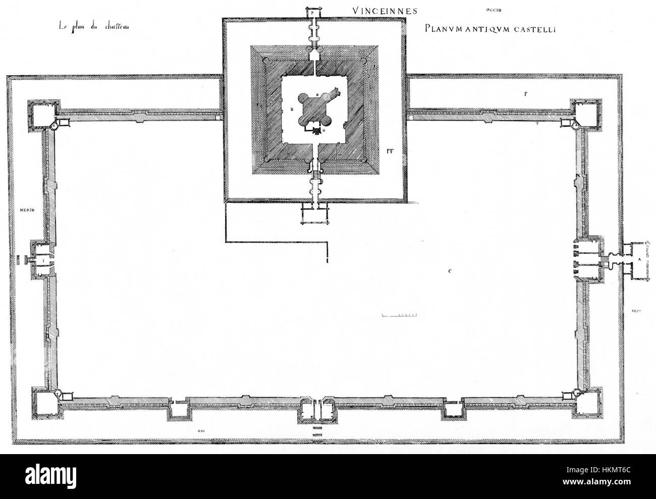 Questa mappa storica, intitolata "Bastiments v1", offre una vista dettagliata della pianta generale di Vincennes. Creato nel 1972 da Gregg, fornisce una panoramica della struttura architettonica e geografica dell'area durante il periodo, riflettendo significativi dettagli urbanistici del tempo. Foto Stock