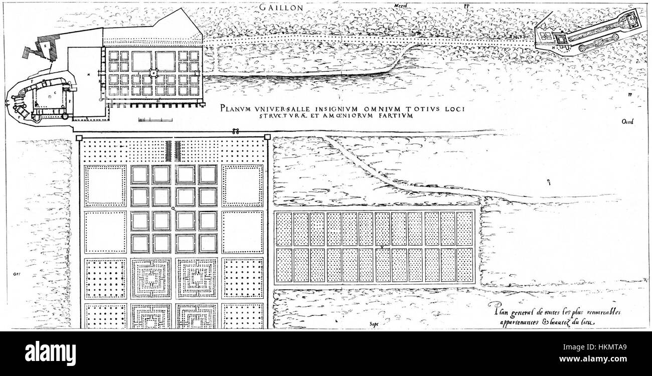 La pianta generale di Gaillon, come raffigurato in *Bastiments v1* (Gregg 1972, p. 84), rappresenta un dettagliato schizzo architettonico della città di Gaillon, in Francia. Questa opera d'arte storica si concentra sul design urbano e sullo sviluppo della regione durante il XVII secolo. Foto Stock