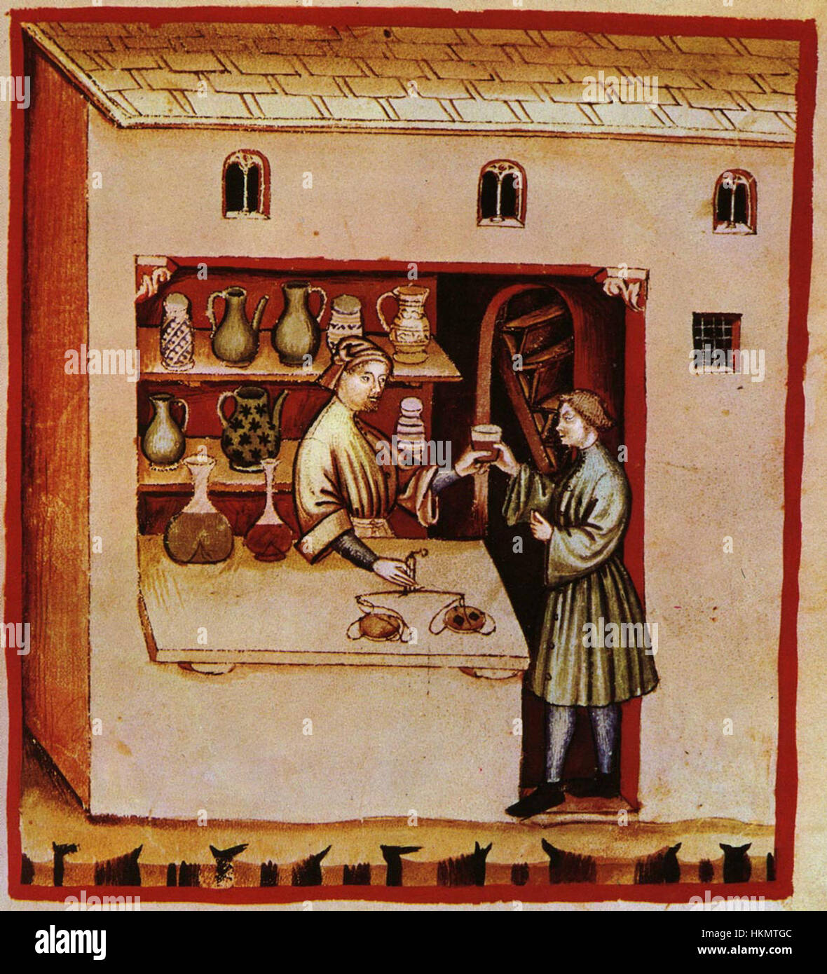 Questa opera, intitolata "42 aspetti della vita quotidiana, medicina, Taccuino Sanitatis", illustra varie scene della vita quotidiana e delle pratiche mediche del periodo rinascimentale, mettendo in mostra tecniche sanitarie storiche. Foto Stock