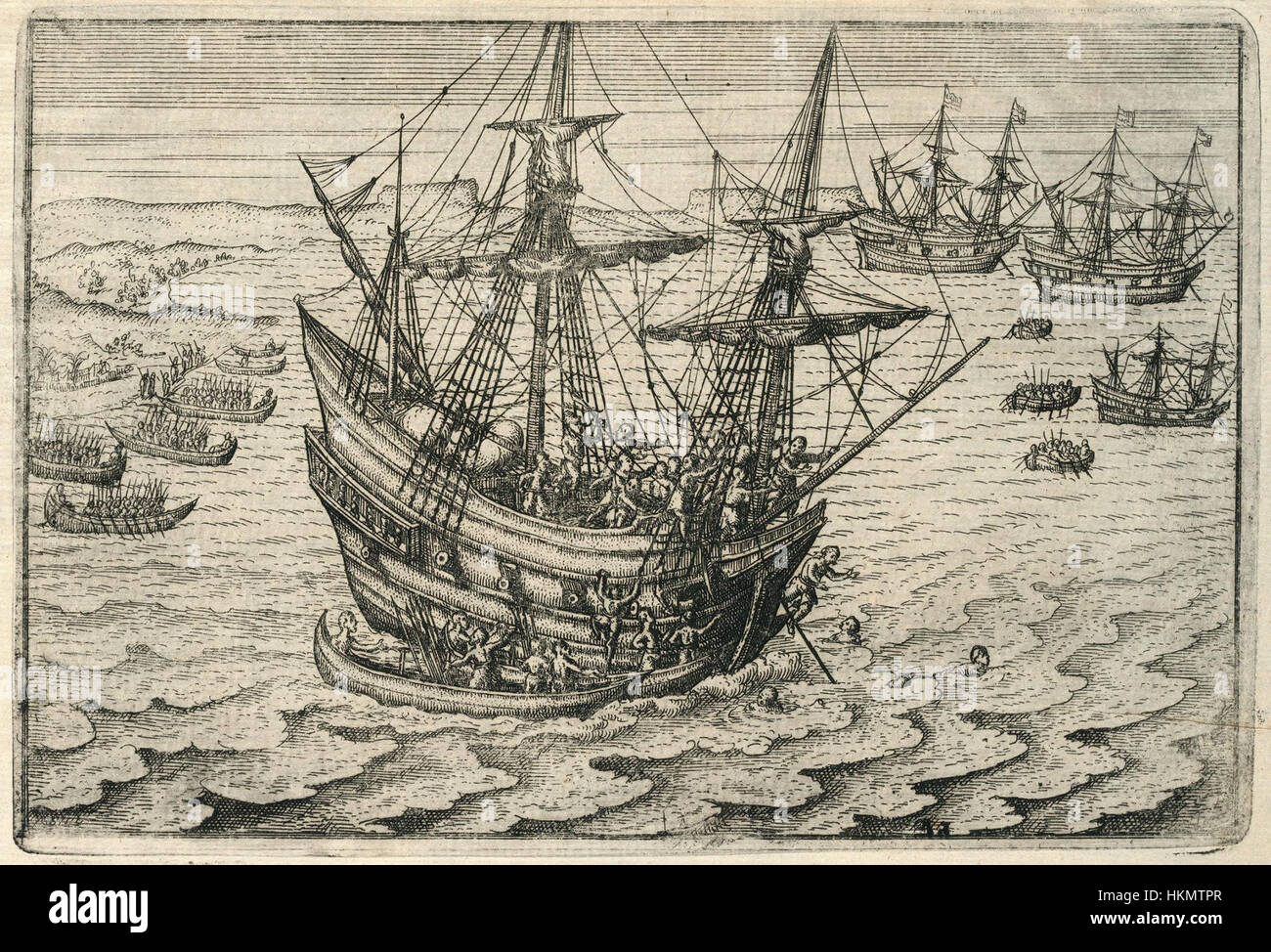 Questa opera d'arte storica raffigura un attacco giavanese alla nave olandese Amsterdam, catturando un significativo evento navale nel contesto della storia coloniale e del conflitto marittimo. Foto Stock