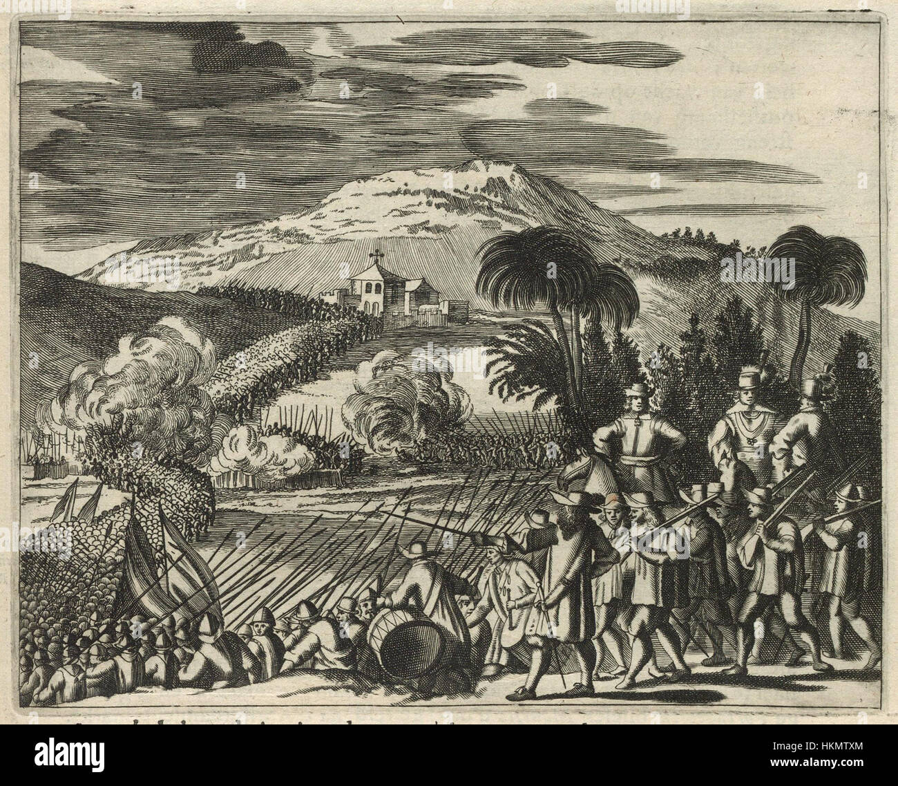 "Johan Maurits scaccia i portoghesi" è un dipinto storico che illustra il conflitto militare tra olandesi e portoghesi durante il XVII secolo. Il pezzo cattura la tensione e il dramma della battaglia. Foto Stock