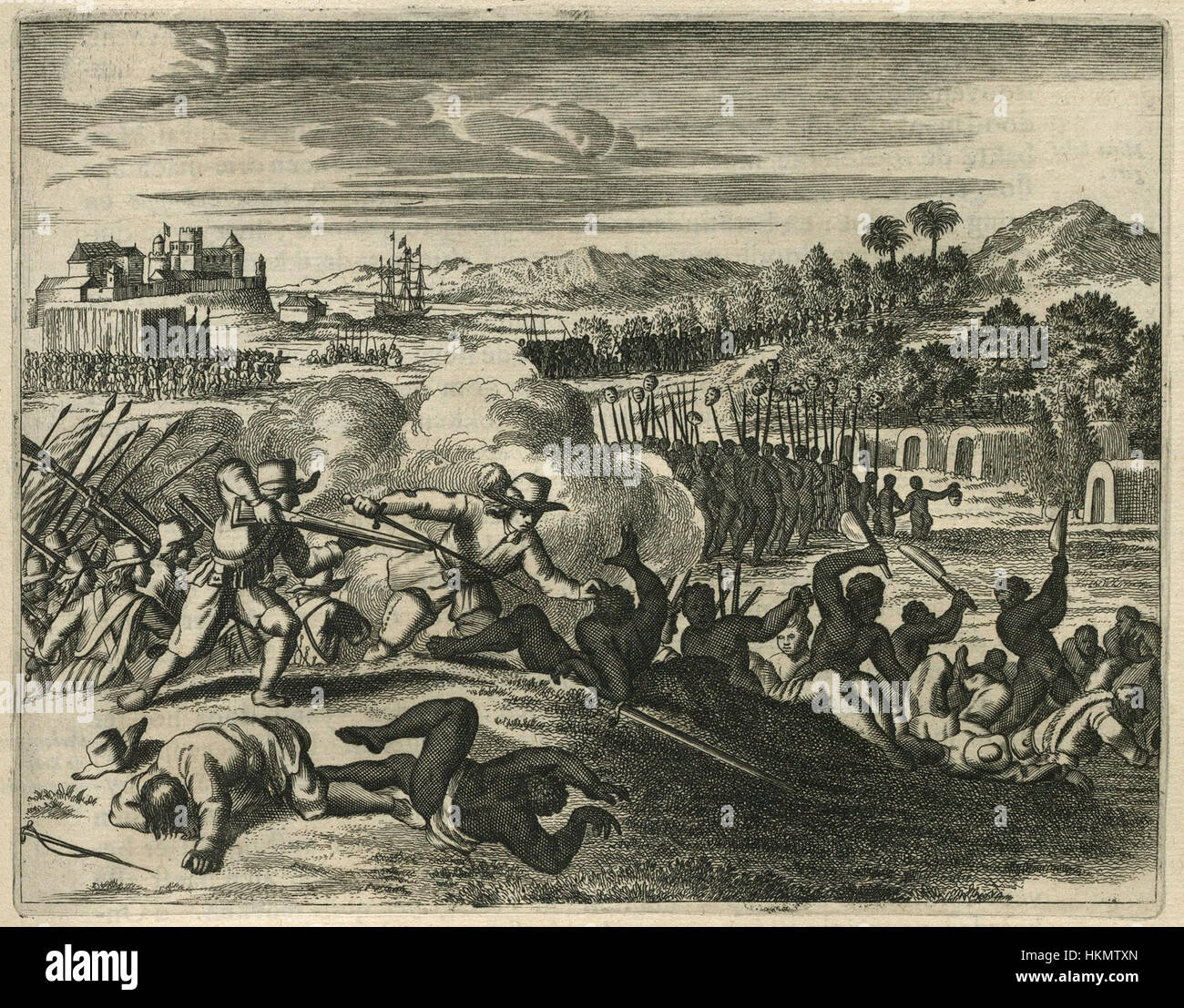 Questa opera d'arte raffigura una battaglia tra le forze olandesi e i guerrieri africani vicino a El Mina nel 1637, catturando un momento chiave nella storia dell'Africa coloniale. La scena riflette i conflitti durante l'espansione europea e l'impatto sulle popolazioni locali. Foto Stock