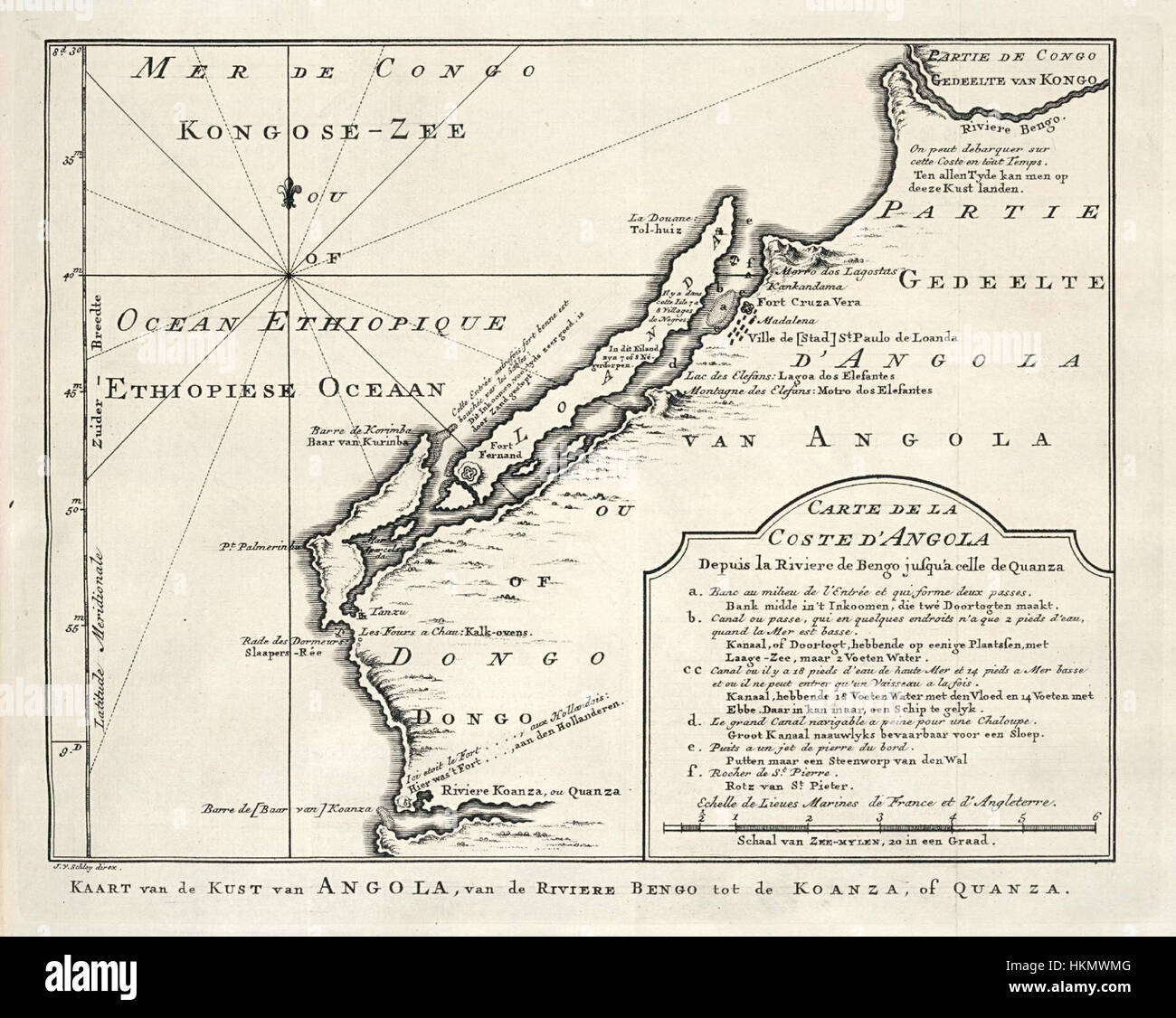 Questa mappa storica raffigura parte della costa angolana, illustrando la geografia e le caratteristiche costiere della regione. La mappa fornisce informazioni preziose sul paesaggio marittimo, evidenziando le principali aree costiere e i luoghi di interesse. Foto Stock