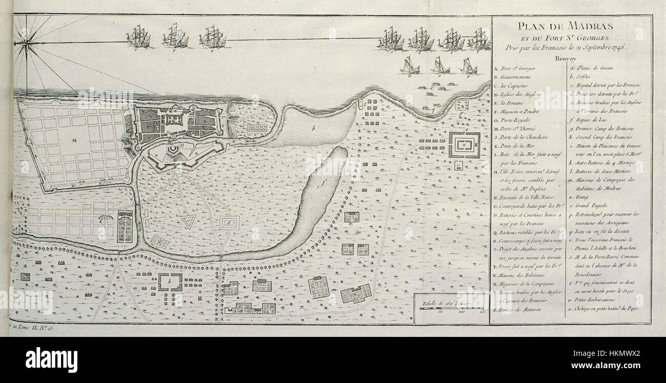 Un'antica mappa di Madras (ora Chennai), India, che mostra la prima disposizione della città e i punti di riferimento principali. La mappa evidenzia la crescita storica e il significato della città come porto coloniale durante l'Impero britannico. Foto Stock